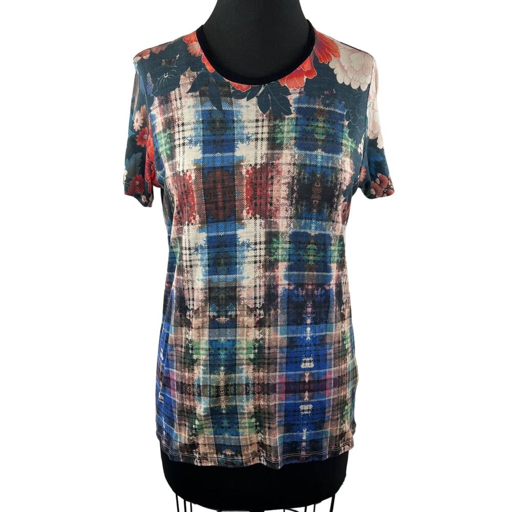 Robert Graham Blue Red Floral Plaid Silk & Wool Crew Neck Short Sleeve Top XS
